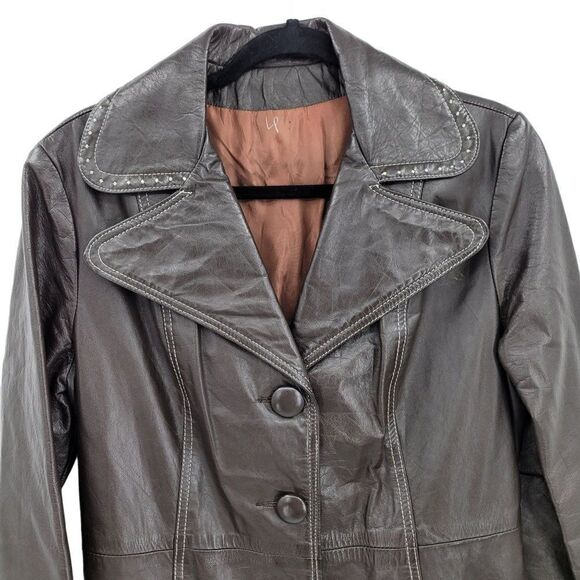 Vtg 70's Womens Leather Trench Coat Cowgirl Western Contrast Stitching Brown S - Picture 5 of 11